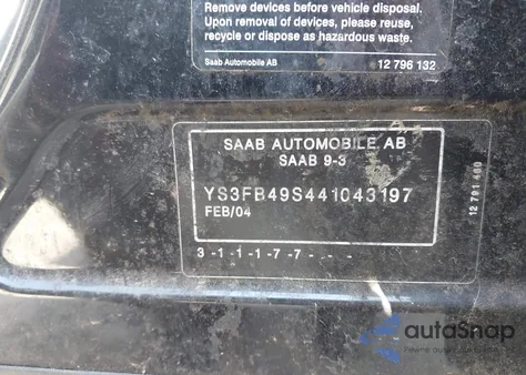 2004 Saab 9-3 from USA, damaged, VIN YS3FB49S441043197